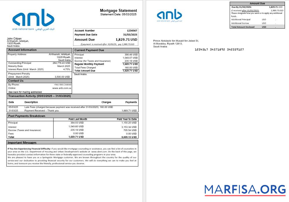 Blank Saudi Arabia Arab National Bank ANB mortgage statement in Word and PDF formats real example